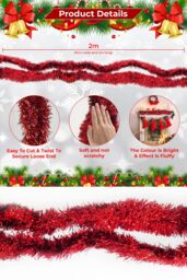 Neel Blue Christmas Tinsel Garland Shiny Metallic Fine Foil Xmas Tree Garland, 2m in Red - thumbnail 2