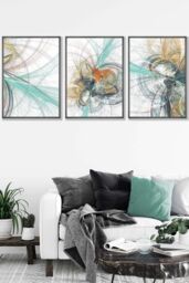 ARTZE Set of 3 Dark Grey Framed Abstract Green Yellow Grey Mixed Media Fractal Wall Art in Bright Yellow - Size: W33 cm x H45 cm x D20mm - thumbnail 1