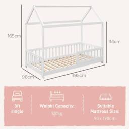HOMCOM House-Shaped Kids Bed Frame with Guard Rails for Kids in White - thumbnail 3