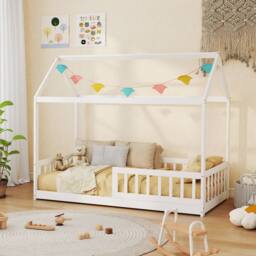 HOMCOM House-Shaped Kids Bed Frame with Guard Rails for Kids in White - thumbnail 2