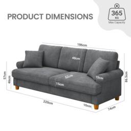 Dprodo 220CM Chenille Sofa Sleeper Deep Seat Couch in Grey - thumbnail 3