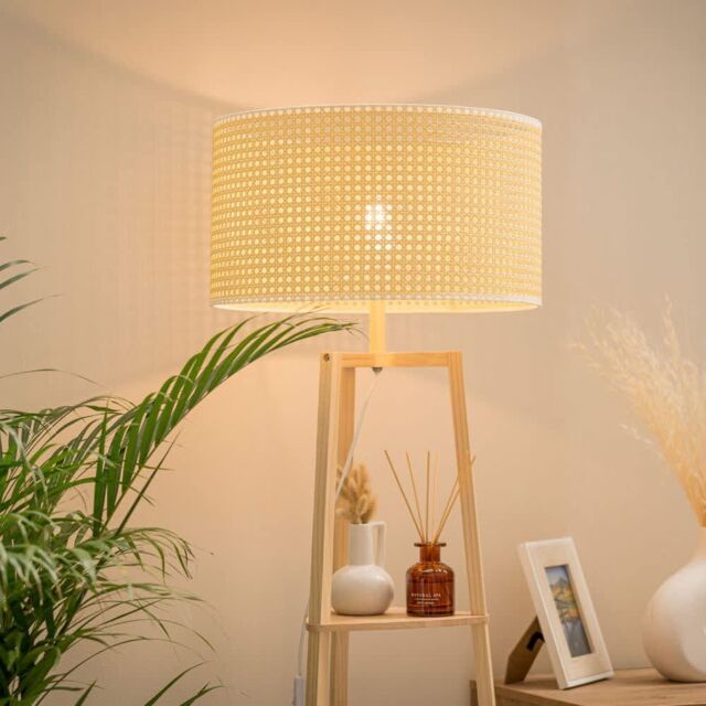 ValueLights Hiru 3 Tier Wooden Shelf Floor Lamp with Natural Wicker Shade & Bulb in Nude - image 1