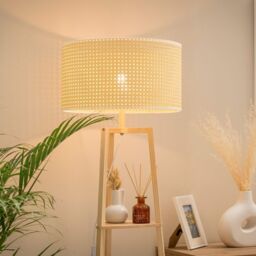 ValueLights Hiru 3 Tier Wooden Shelf Floor Lamp with Natural Wicker Shade & Bulb in Nude - thumbnail 2