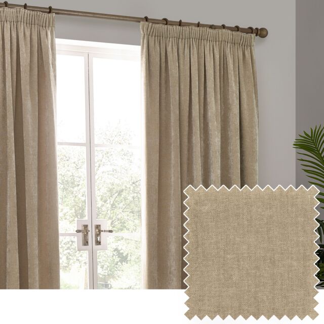 Yard Heavy Chenille Velvet Room Darkening Pencil Pleat Curtain Pair in Natural - Size: 229 cm width x 229 cm drop - image 1