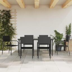 7 Piece Garden Dining Set Black Poly Rattan and Steel