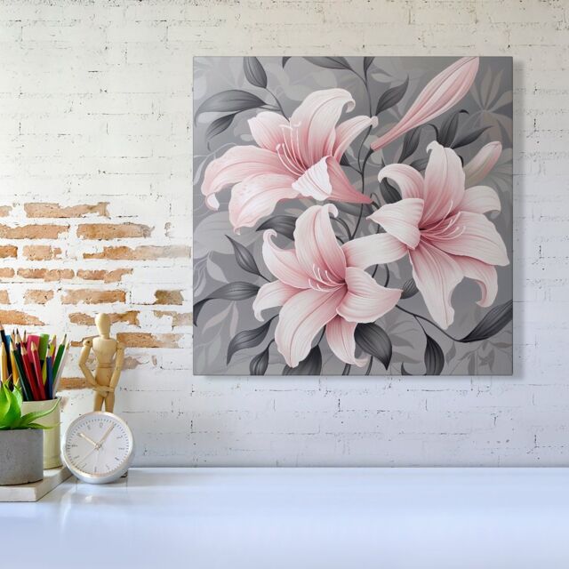 Warren Reed - Designer Pink Lilies On Grey Canvas - Size: w10 inch x h10 inch - image 1