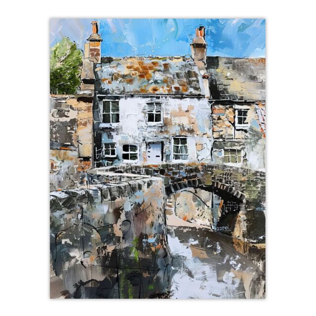 "Artery8 North Yorkshire Village Medieval Bridge Painting Wall Art Print in Grey - Size: W24"" x H32""" - image 1