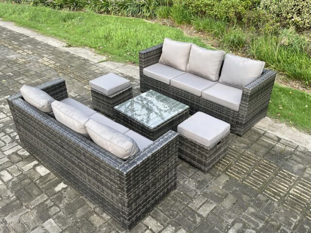 Fimous Rattan Garden Furniture Set 8 Seater Patio Outdoor Lounge Sofa Set with Square Coffee Table 2 Small Footstools Dark Grey Mixed - image 1