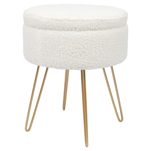 Harbour Housewares Round Storage Boucle Footstool Ottoman Footrest Accent Stool - Cream in Gold - image 1