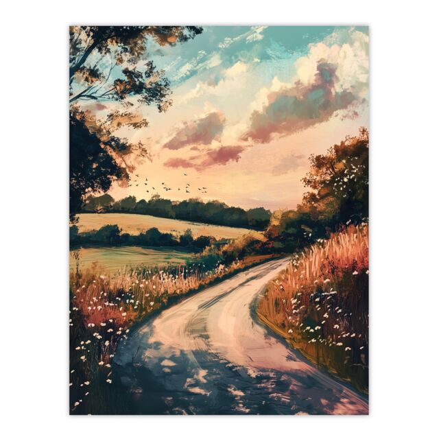 "Artery8 The Road Home Kansas Countryside Autumn Painting Wall Art Print - Size: W12"" x H16""" - image 1