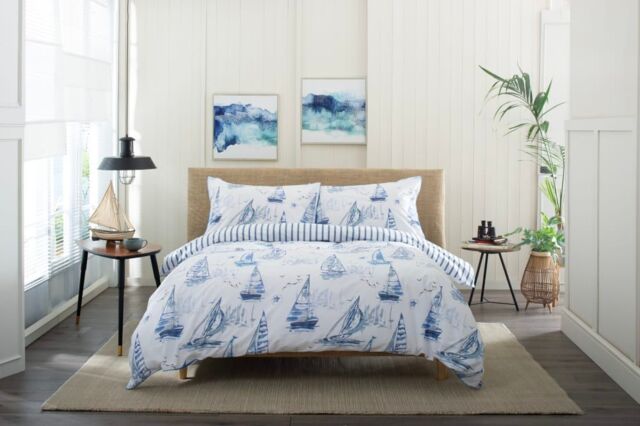 Lobster Creek Solent Duvet Cover Set Nautical Sailing Boat Design w/ Fresh White Background & Stripe Reverse - 100% Cotton Coastal Bedding for a - image 1
