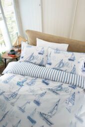 Lobster Creek Solent Duvet Cover Set Nautical Sailing Boat Design w/ Fresh White Background & Stripe Reverse - 100% Cotton Coastal Bedding for a - thumbnail 2