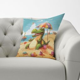 Warren Reed - Designer A Crocodile On A Beach Holiday Cushions in Yellow - Size: 45 cm x 45 cm - thumbnail 2
