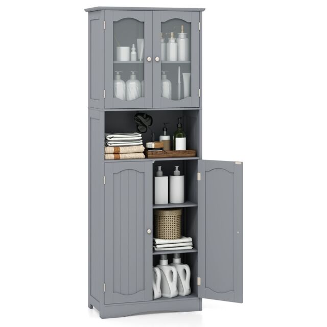 Gymax Tall Bathroom Storage Cabinet Tempered Glass Door Pantry Cabinet in Grey - image 1