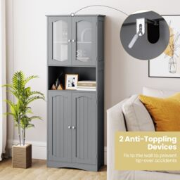 Gymax Tall Bathroom Storage Cabinet Tempered Glass Door Pantry Cabinet in Grey - thumbnail 4