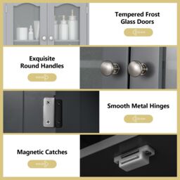 Gymax Tall Bathroom Storage Cabinet Tempered Glass Door Pantry Cabinet in Grey - thumbnail 8