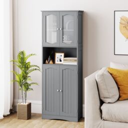 Gymax Tall Bathroom Storage Cabinet Tempered Glass Door Pantry Cabinet in Grey - thumbnail 5
