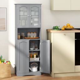 Gymax Tall Bathroom Storage Cabinet Tempered Glass Door Pantry Cabinet in Grey - thumbnail 6