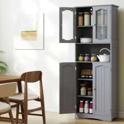 Gymax Tall Bathroom Storage Cabinet Tempered Glass Door Pantry Cabinet in Grey - thumbnail 7