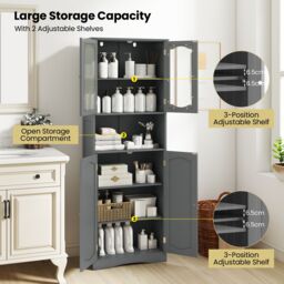 Gymax Tall Bathroom Storage Cabinet Tempered Glass Door Pantry Cabinet in Grey - thumbnail 9