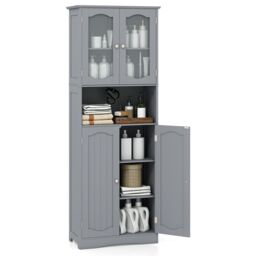 Gymax Tall Bathroom Storage Cabinet Tempered Glass Door Pantry Cabinet in Grey - thumbnail 1