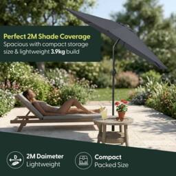 Keplin 2m Tilting Parasol Umbrella - Crank & Tilt Sun Shade with Cover in Grey - thumbnail 6