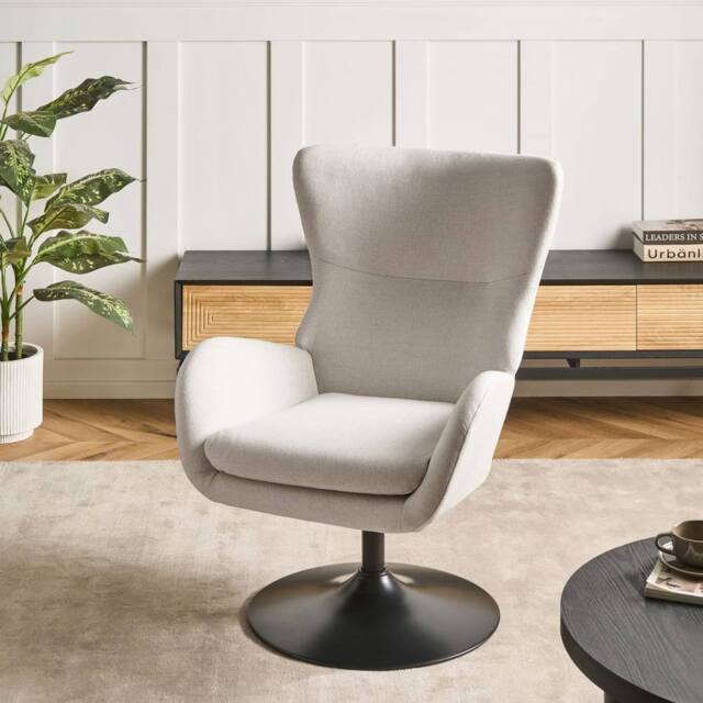 Wyld and Coco Off-White Wingback Armchair with 360° Swivel and Black Iron Base in White - image 1