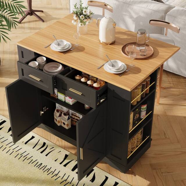 Matteo Black Kitchen Island Cart - Foldable Worktop, 2 Drawers & Mobile - image 1