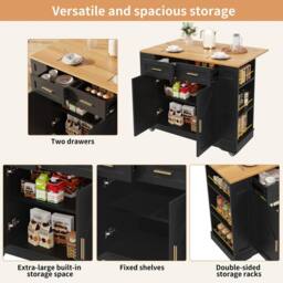 Matteo Black Kitchen Island Cart - Foldable Worktop, 2 Drawers & Mobile - thumbnail 8