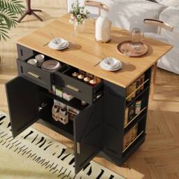 Matteo Black Kitchen Island Cart - Foldable Worktop, 2 Drawers & Mobile - thumbnail 1