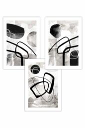 ARTZE Set of 3 Abstract Black Grey Watercolour Shapes Art Posters in Mid Grey - Size: W50 cm x H70 cm - thumbnail 1