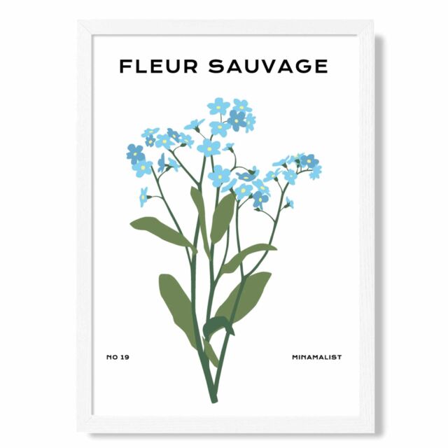 ARTZE Blue Forget Me Not Flower Market Minimalist Framed Print SIZE: A3 with White Frame in Mid Blue - Size: A4 - image 1