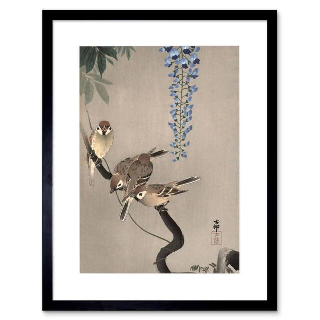 "Artery8 Japan Nature Sparrow Bird Flower Shoson Ohara Koson Framed Art Print in Grey - Size: W12"" x H16""" - image 1