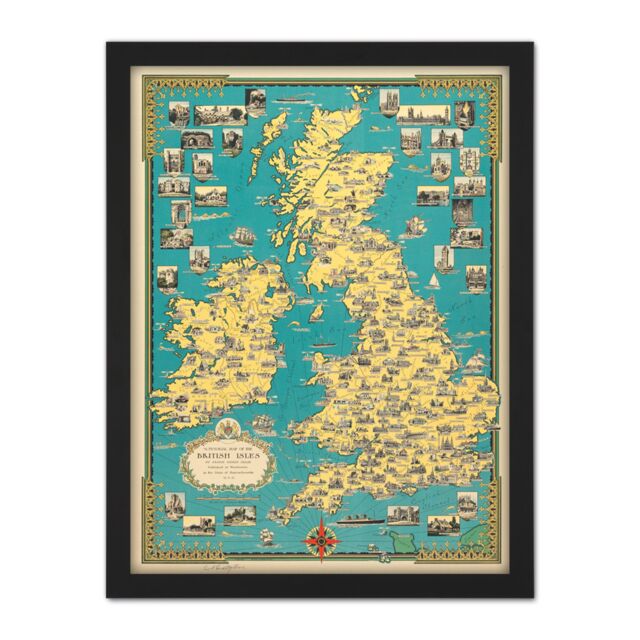 "Artery8 Wall Art Print Chase 1939 Pictorial Map British Isles Buildings Large Framed Wall Décor Art in Brown - Size: W18"" x H24""" - image 1