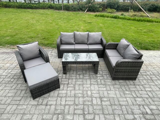 Fimous 7 Seater Outdoor Rattan Garden Furniture Set Rattan Lounge Sofa Set with Rectangular Coffee Table Reclining Chair Big Footstool in Dark Grey - image 1