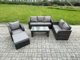 Fimous 7 Seater Outdoor Rattan Garden Furniture Set Rattan Lounge Sofa Set with Rectangular Coffee Table Reclining Chair Big Footstool in Dark Grey - thumbnail 1