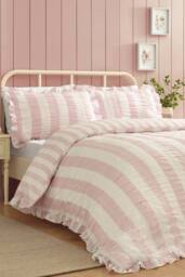 Catherine Lansfield 'Seersucker Frill Stripe' Duvet Cover Set in Pink - Size: King