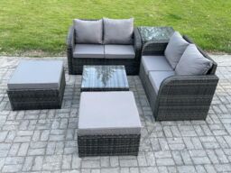 Fimous 6 Seater High Back Rattan Garden Furniture Set with Square Coffee Table 2 Big Footstool Love Sofa Indoor Outdoor Patio Lounge Sofa Set - thumbnail 2
