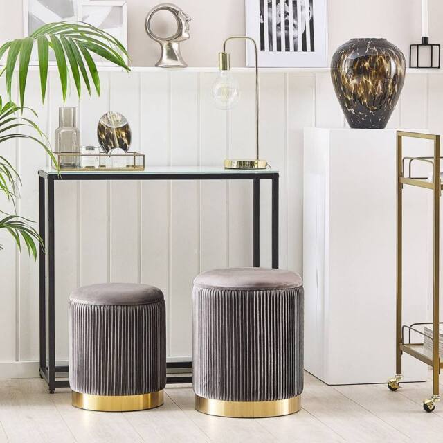 Wyld and Coco Set of 2 Grey Velvet Storage Pouffes with Gold Base - image 1