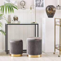 Wyld and Coco Set of 2 Grey Velvet Storage Pouffes with Gold Base