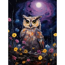 Artery8 Wall Art Print Great Horned Owl Portrait with Lavender Full Moon Oil Painting Spring Night in Countryside Flower Meadow Poster - thumbnail 1