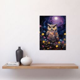 Artery8 Wall Art Print Great Horned Owl Portrait with Lavender Full Moon Oil Painting Spring Night in Countryside Flower Meadow Poster - thumbnail 2