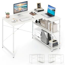 Gymax L-shaped Computer Desk, Reversible Corner Desk With Adjustable Shelf in White - thumbnail 1