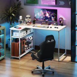 Gymax L-shaped Computer Desk, Reversible Corner Desk With Adjustable Shelf in White - thumbnail 7