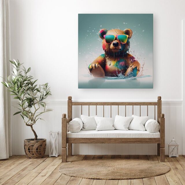"Warren Reed - Designer Splashart Bear In Glasses Canvas - Size: W30"" x H30""" - image 1