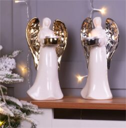 Netagon Ceramic Christmas Festive Winged Angel Tealight Holder Ornament - Gold in White - thumbnail 5