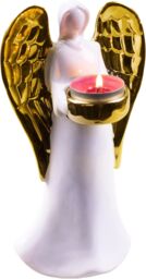 Netagon Ceramic Christmas Festive Winged Angel Tealight Holder Ornament - Gold in White - thumbnail 4