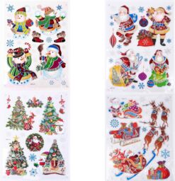 Shatchi 3D Christmas Window Stickers Colourful - 4 Assorted Sheets Clings Reusable Glass Snowflakes Sticker Christmas Scene, PVC