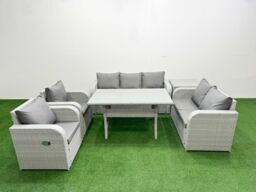 Fimous PE Rattan Garden Furniture Set Reclining Chair Sofa Double Love Seat 2 Seater Sofa Lounge Set Rectangular Dining Table Side Table Light Grey - thumbnail 2