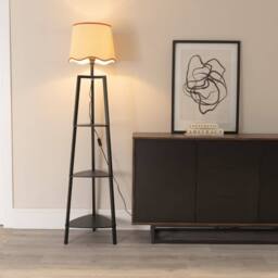 ValueLights Hiru Black 3 Tier Wood Shelf Floor Lamp with Trim Linen Scallop Shade in Burnt Orange - thumbnail 2